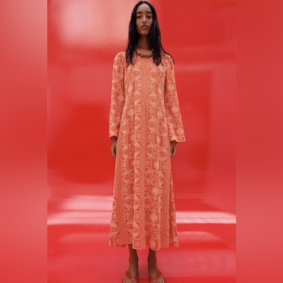 Zara Long Tangerine Orange Embroidered Print Maxi Dress - Picture 3 of 11